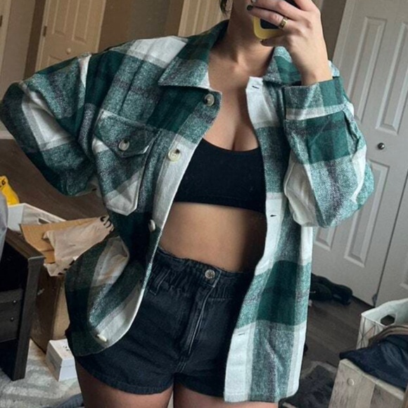 Plaid Stripe green Oversized Flannel Shirt Shacket - Picture 11 of 16